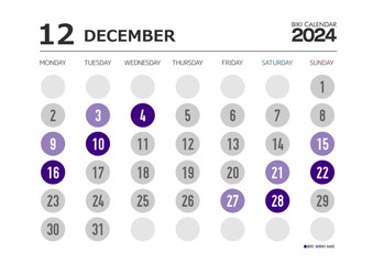葬儀関係に必須の2024年12月の友引カレンダー 月曜始まり