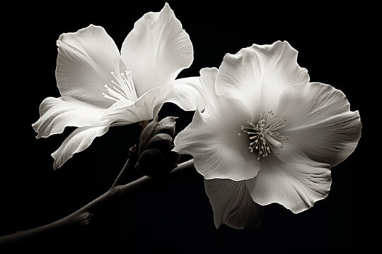 Black and white photograph of two white flowers