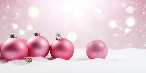 Obraz premium Christmas background with pink balls and snowflakes. Copy space.