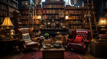 a cozy library or study with two armchairs, a coffee table. The library is filled with bookshelves, books, and other objects. The bookshelves are wooden and have different sizes and shapes.