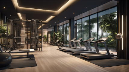 a modern gym with exercise equipment and large windows. It has a dark color scheme with black and gray tones. The gym has a variety of exercise equipment, including treadmills, weight machines