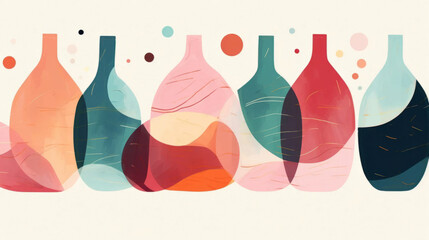 Wine bottles. Wine minimalistic illustrations. Wine Bottle and glass. Bright colors. Watercolor style