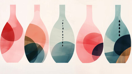 Wine bottles. Wine minimalistic illustrations. Wine Bottle and glass. Bright colors. Watercolor style - obrazy, fototapety, plakaty