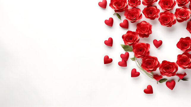 Bouquet of red roses and hearts on white background. Valentine's day, banner format. Place for text. Generative Ai