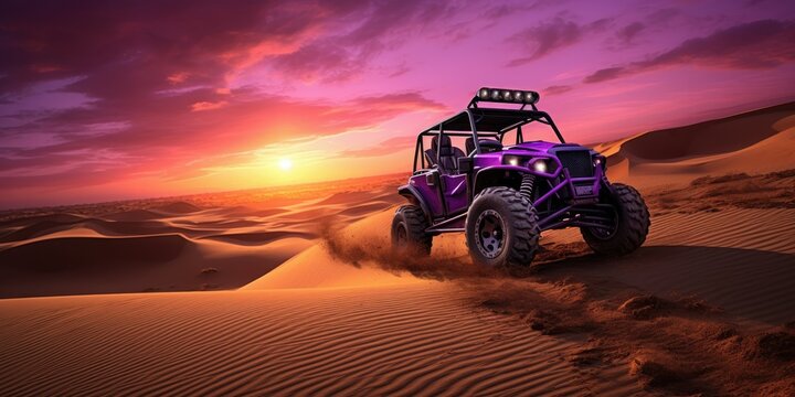 Desert Dune Buggy Safari at Twilight - Thrills in Warm Sands - Purple Skies, Dune Shadows - Buggy Excitement, Nature's Twilight Magic 