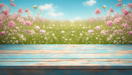 Beautiful spring flowers with empty wood table and copy space - 690237742