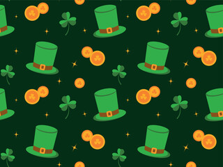 Seamless pattern for St. Patrick's Day on green background, Irish background, green clover and shamrock, spring.