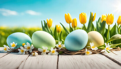 Pretty easter eggs with spring flowers and copy space