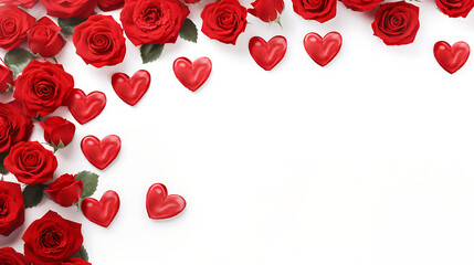 Bouquet of red roses and hearts on white background. Valentine's day, banner format. Place for text. Generative Ai