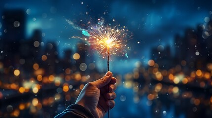 Hand holding a burning sparkler against fireworks background night New Year christmas party  - obrazy, fototapety, plakaty