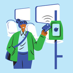 working woman paying fare on bus illustration