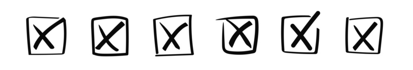 Doodle cross in square box. Brush stroke cross tick in square frame