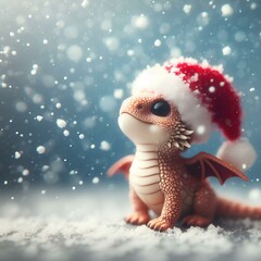 A cute little dragon in a Santa Claus hat looks up at the falling snow