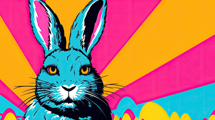 Pop art interpretation of an Easter bunny in vibrant color block hues