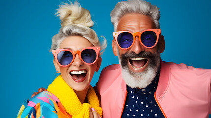 Old smiling couple in a colorful shopping theme