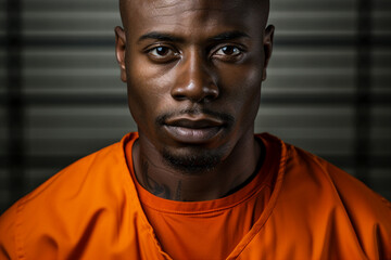Generative AI portrait of criminal person trapped jailed wearing orange prison uniform - obrazy, fototapety, plakaty