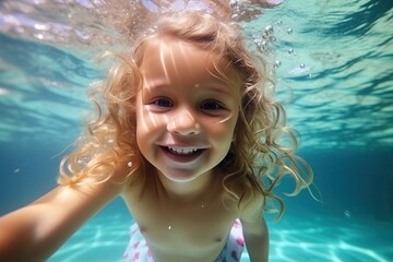Fototapeta na wymiar Adorable baby swimming underwater