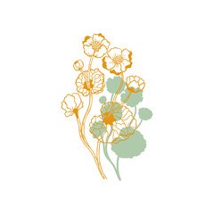 Vector illustration of wild tender flowers. Wild water lily contour drawing, silhouette, shape. Line art, tattoo, coloring book. Isolated on white background.