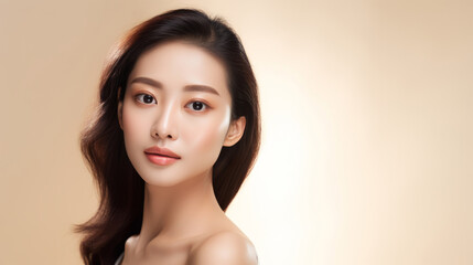 Young asian girl with perfect skin on beige background. Female Skin care editorial. Asian beauty portrait. 