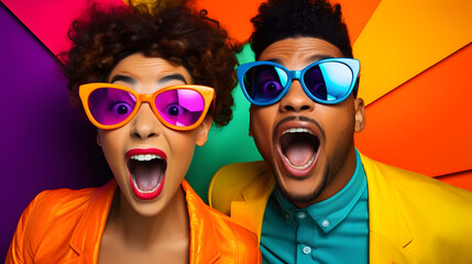 Crazy smiling couple in a colorful shopping theme