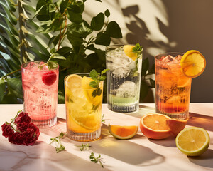 A set of three glass cold cocktails with a garnish of lemon slices, berry and ice cubes isolated on white background for effect. Drink, fun and holiday party cocktails concept.