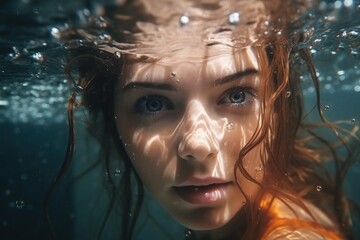 girl under water looks at the camera