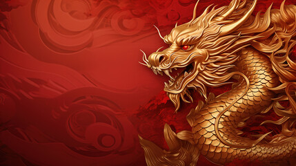 Chinese gold dragon on red background with copy space. Happy New Year of the Dragon 2024