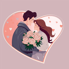 vector illustration of a couple in love with a bouquet of flowers on an abstract background with hearts