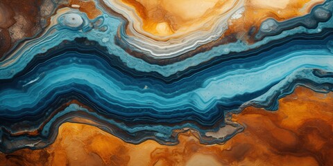 Concentric bands of azure and amber form an intricate mineral landscape.