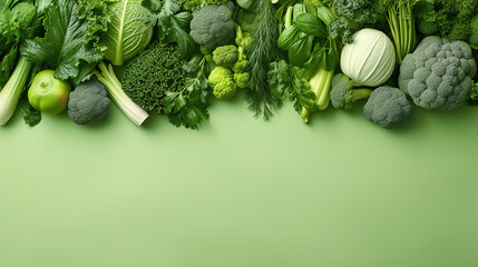 Flatlay of fresh vegetables on green background - obrazy, fototapety, plakaty