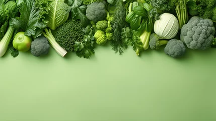 Poster Flatlay of fresh vegetables on green background © Philippova