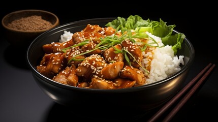 dish of teriyaki chicken bowls, food photography, 16:9