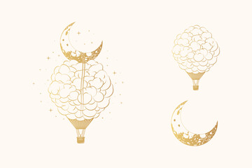Golden celestial hot balloon and crescent moon in clouds. Hand drawn  design elements. Vector illustration for print, poster and greeting card © Kirill