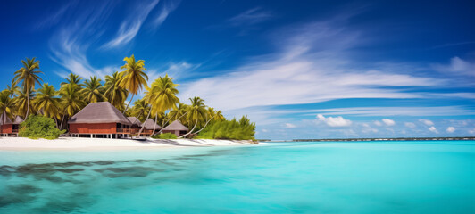 Fototapeta premium Secluded beachfront huts amidst tall palm trees