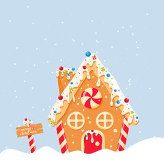 gingerbread house with christmas decoration. house of Santa Claus, house of red sweets. sweet home, christmas house, new year