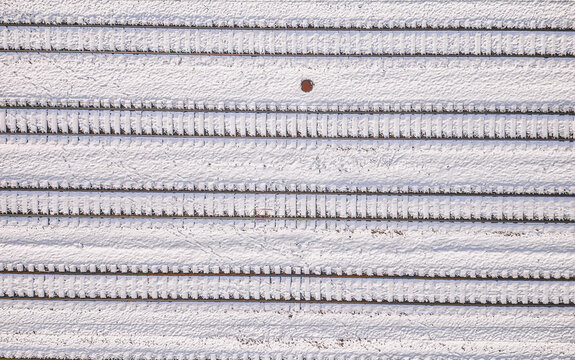 Aerial View of Snowy Train Tracks in Krizevci, Croatia
