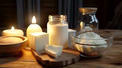 Dairy products on a wooden table with candles in the background.