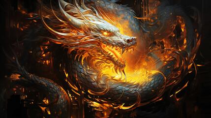 Fantastic fire dragon with burning eyes. Chinese New Year 2024