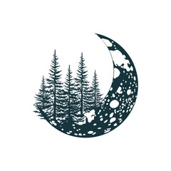 Obraz premium Celestial Mystical moon and trees. Hand drawn vector illustration in boho style for print, tattoo and greeting card