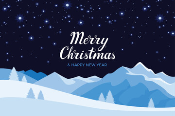 Fototapeta premium Winter night landscape. Christmas or New Year greeting card with snow-capped mountains and starry sky. Vector cartoon flat illustration.