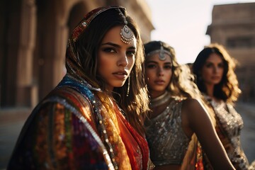 Beautiful Indian girls models in saris - obrazy, fototapety, plakaty