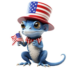 blue chameleon in an american hat holding an american flag isolated on transparent