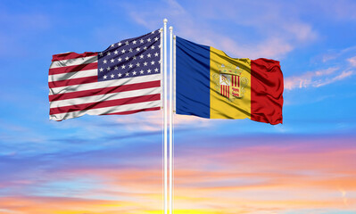 United States and Andorra two flags on flagpoles and blue cloudy sky . Diplomacy concept, international relations