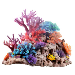 colorful decorative coral. Coral Reef and yellow Tropical Fish isolated on transparent