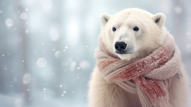 Picture of polar bear wearing scarf in cold winter snow
