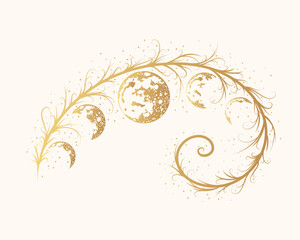 Golden mystical feather with planets. Celestial vector illustration for card, label and t-shirt