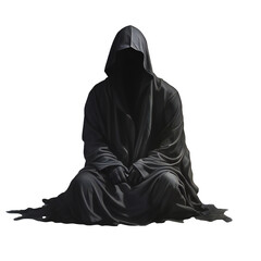 Scary figure in hooded cloak. A dark and sinister figure in a hood isolated on transparent - obrazy, fototapety, plakaty