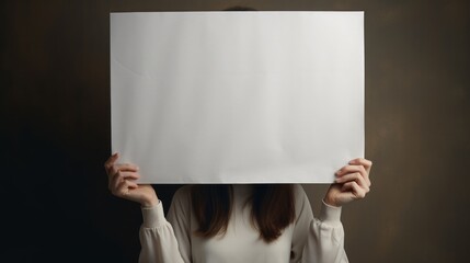 woman hidden behind a big poster hold it, blank background, copy space, 16:9 - obrazy, fototapety, plakaty