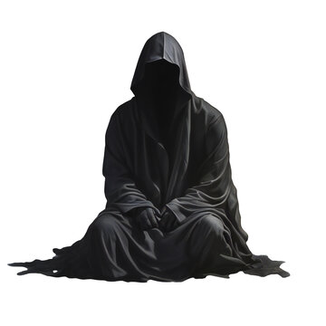 Scary figure in hooded cloak. A dark and sinister figure in a hood isolated on transparent