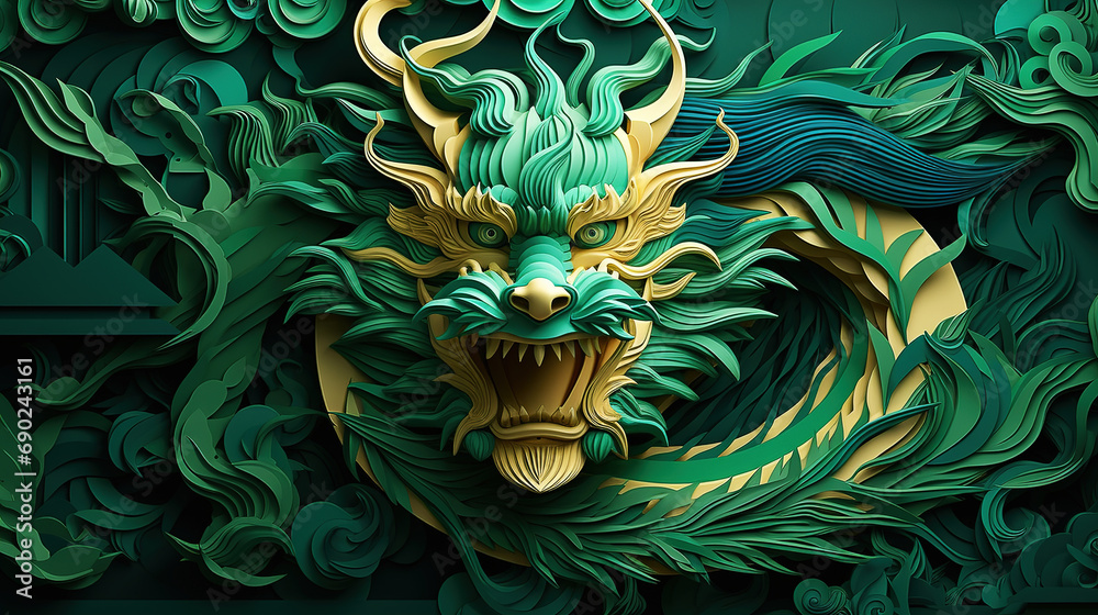 Wall mural chinese green dragon in paper cut style. new year of the dragon 2024